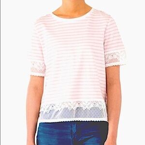 🆕 One Hart Women’s Striped Lace Crochet White & Pink Top